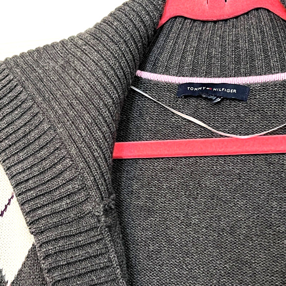 Tommy Hilfiger Womens 1X Cardigan Sweater Argyle Print Toggle Close Short Sleeve - Picture 5 of 5